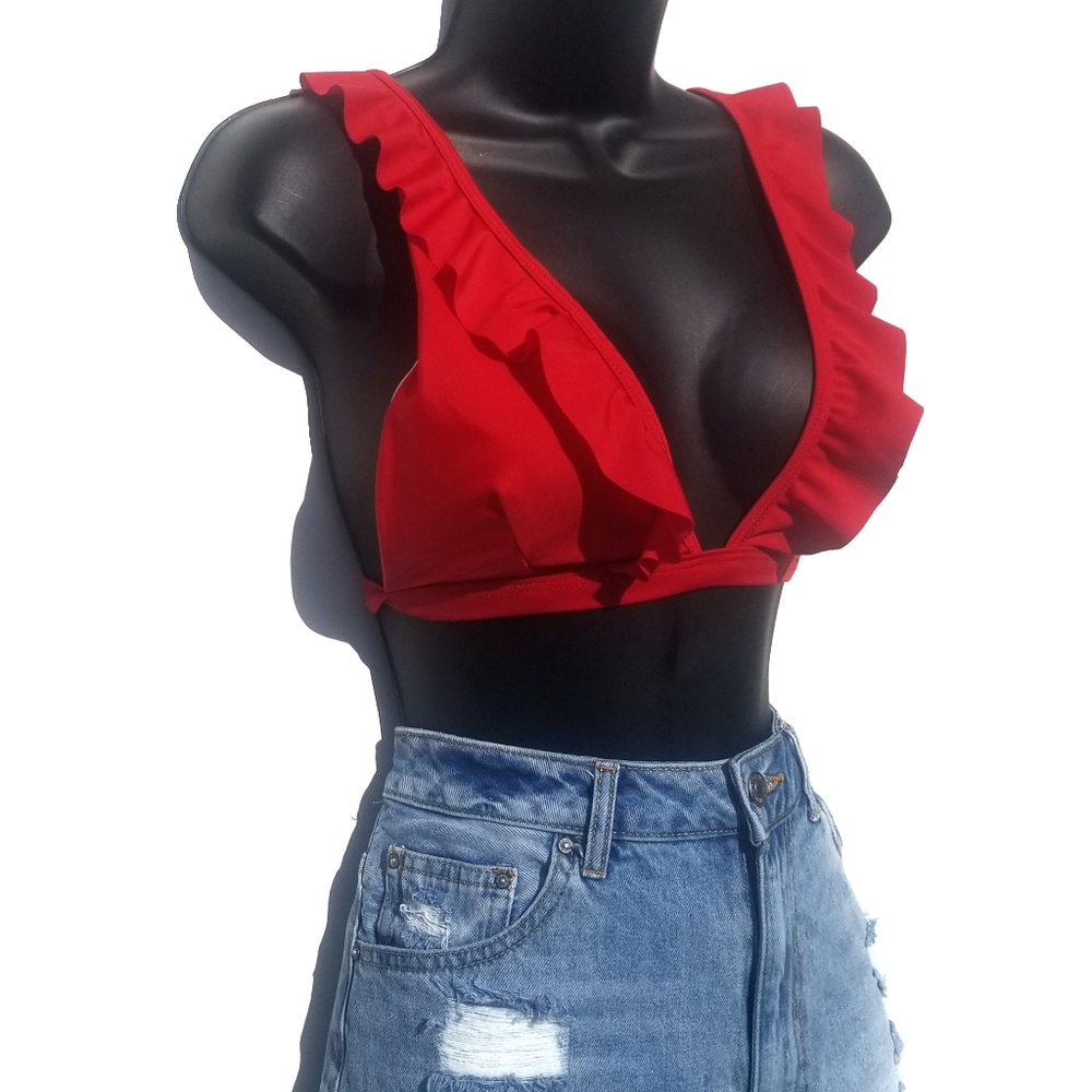 Red| Plunging V-neck | Ruffle Bikini Top